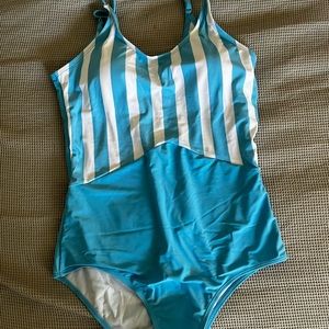 Blue and white striped one piece swimsuit, never worn